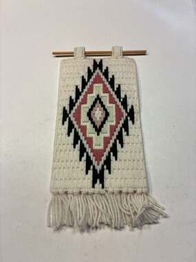 Vintage Norwegian Woven Wall Hanging – Handcrafted Geometric Tapestry - ,